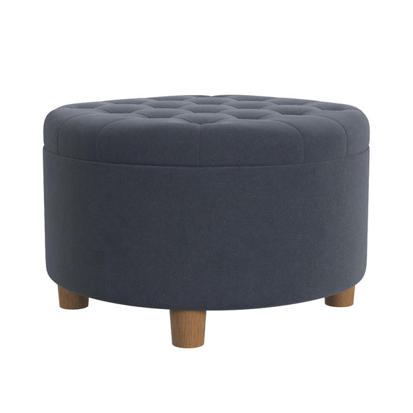 Jo Storage Ottoman, 28 Inch Round Tufted Lift Top, Steel Blue Velvet -BM334042