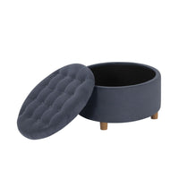 Jo Storage Ottoman, 28 Inch Round Tufted Lift Top, Steel Blue Velvet -BM334042