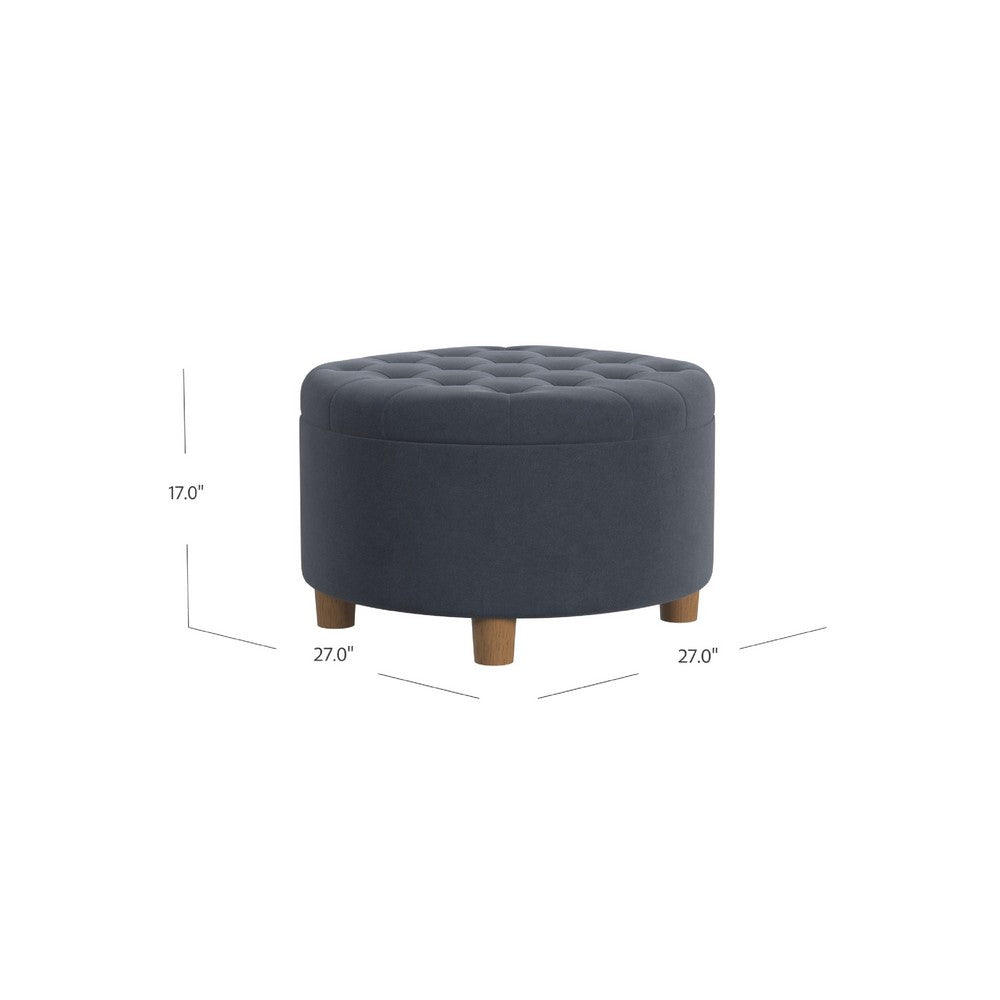 Jo Storage Ottoman, 28 Inch Round Tufted Lift Top, Steel Blue Velvet -BM334042