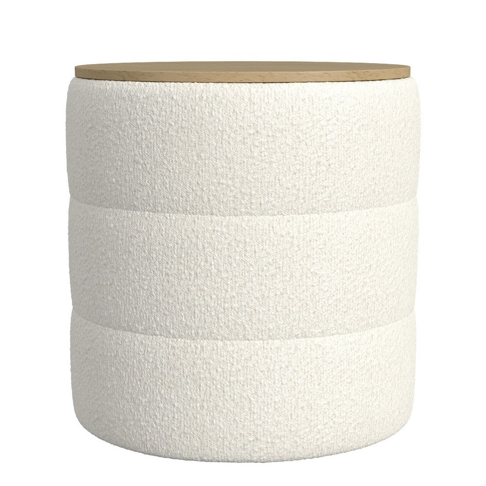 Mona Storage Ottoman, 19 Inch Round Lift Top, Channeled Ivory Boucle -BM334043