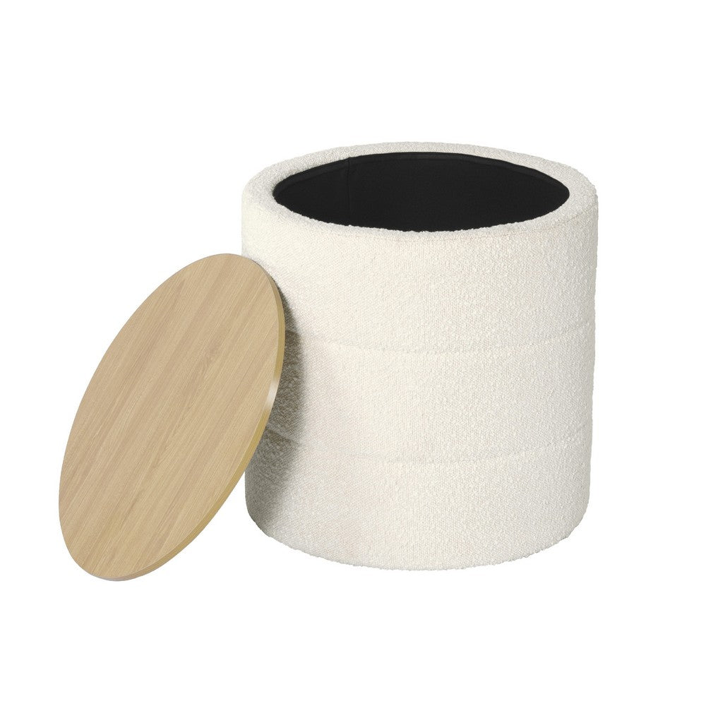 Mona Storage Ottoman, 19 Inch Round Lift Top, Channeled Ivory Boucle -BM334043