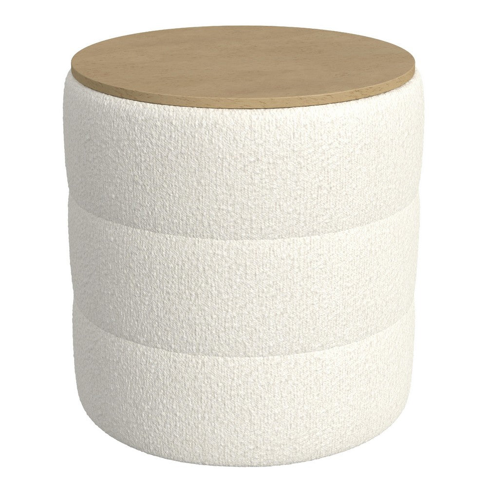 Mona Storage Ottoman, 19 Inch Round Lift Top, Channeled Ivory Boucle -BM334043