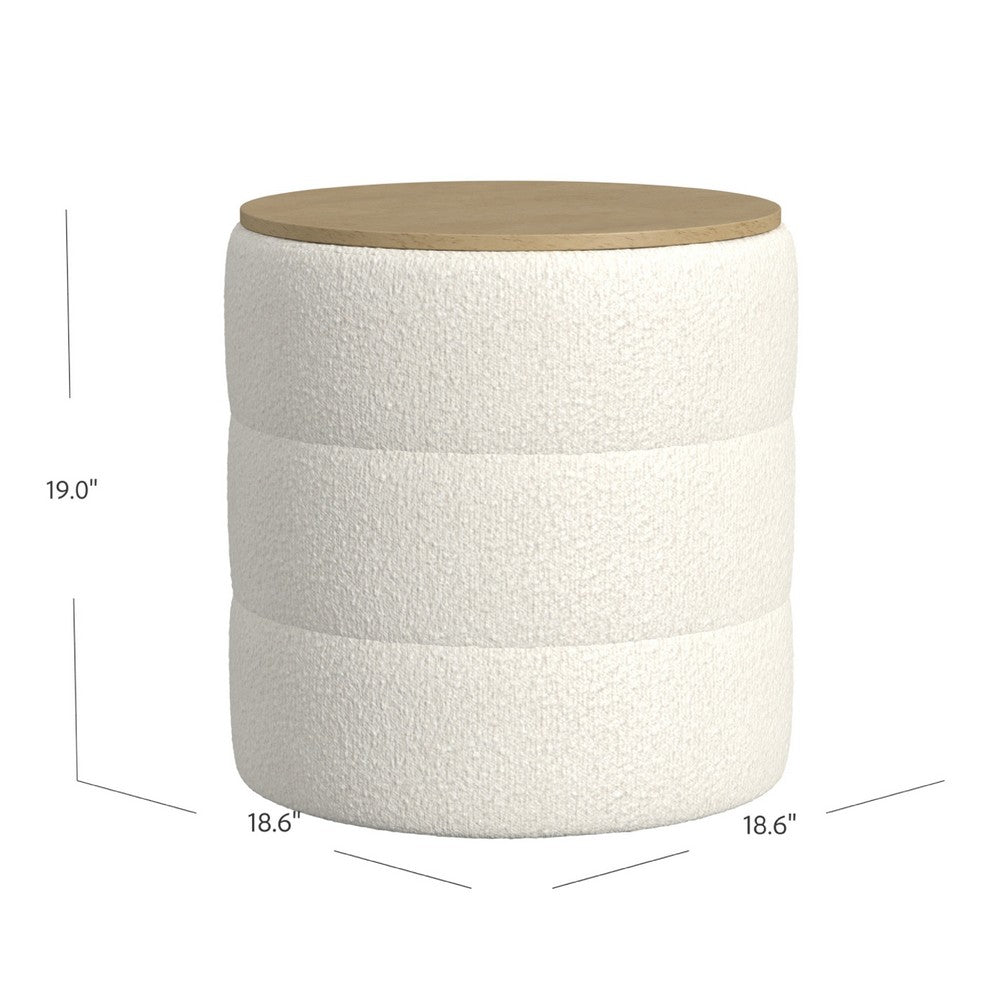 Mona Storage Ottoman, 19 Inch Round Lift Top, Channeled Ivory Boucle -BM334043