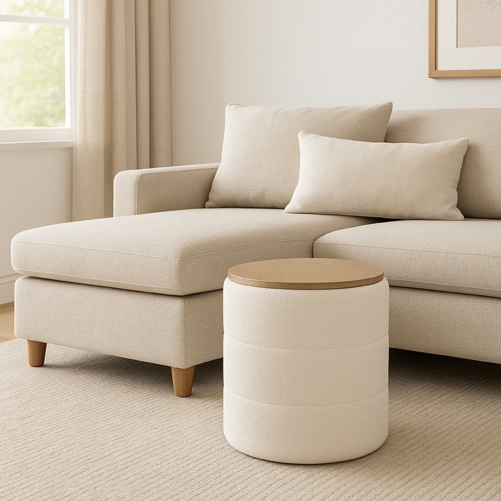 Mona Storage Ottoman, 19 Inch Round Lift Top, Channeled Ivory Boucle -BM334043