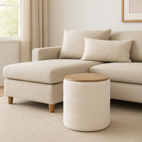 Mona Storage Ottoman, 19 Inch Round Lift Top, Channeled Ivory Boucle -BM334043
