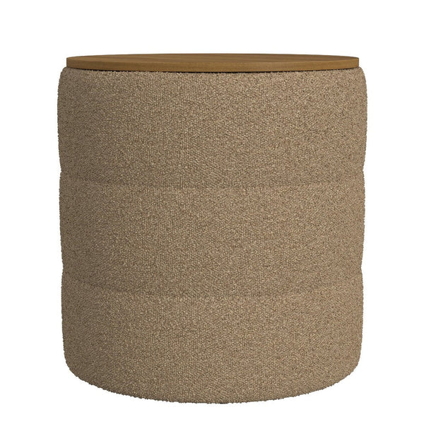 Mona Storage Ottoman, 19 Inch Round Lift Top, Channeled Brown Boucle -BM334044