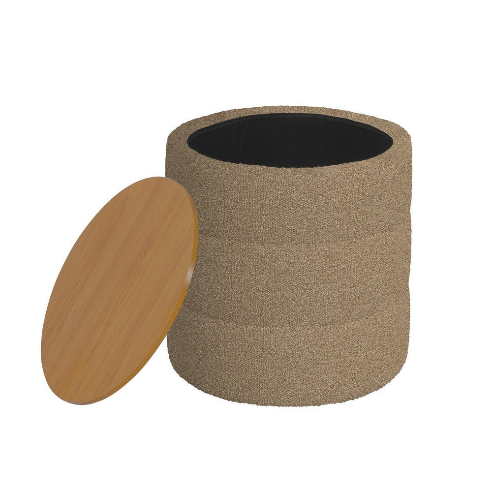 Mona Storage Ottoman, 19 Inch Round Lift Top, Channeled Brown Boucle -BM334044