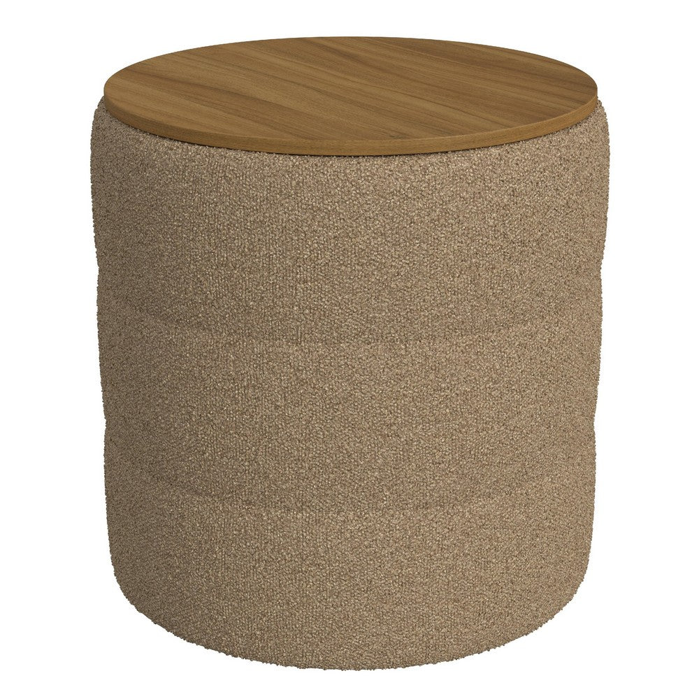 Mona Storage Ottoman, 19 Inch Round Lift Top, Channeled Brown Boucle -BM334044