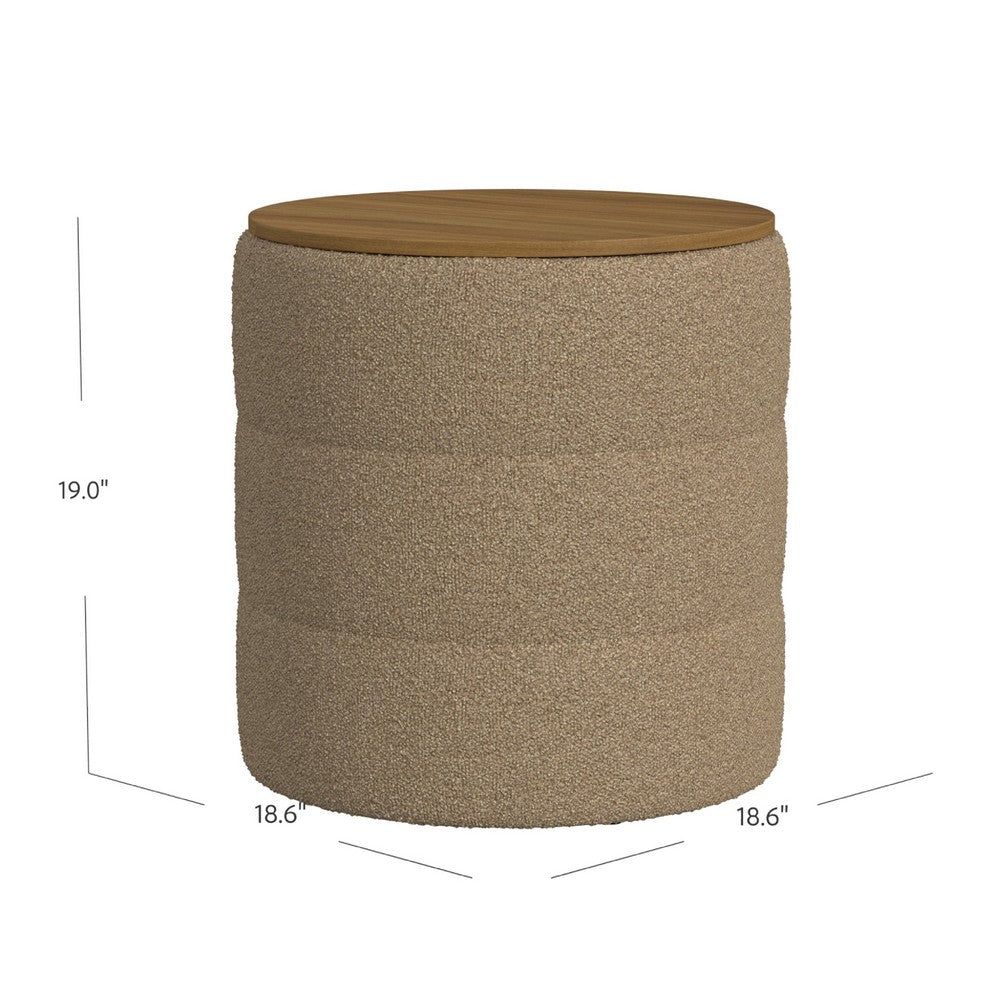 Mona Storage Ottoman, 19 Inch Round Lift Top, Channeled Brown Boucle -BM334044