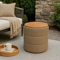 Mona Storage Ottoman, 19 Inch Round Lift Top, Channeled Brown Boucle -BM334044