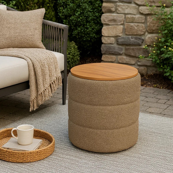 Mona Storage Ottoman, 19 Inch Round Lift Top, Channeled Brown Boucle -BM334044