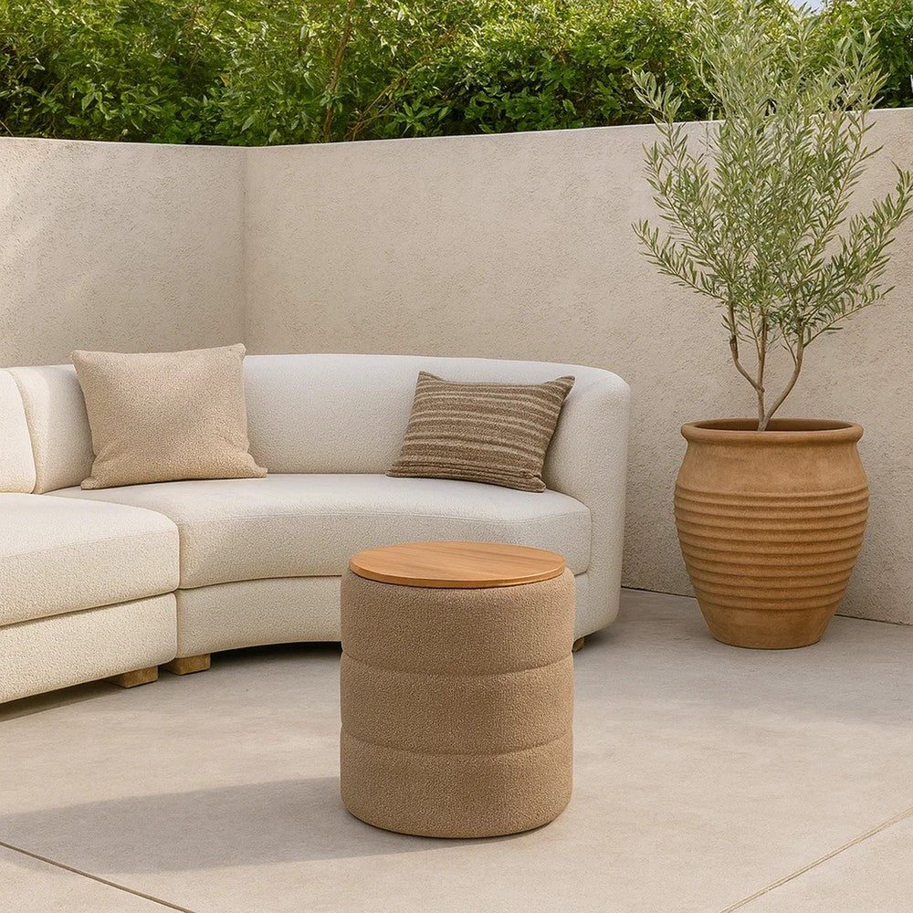 Mona Storage Ottoman, 19 Inch Round Lift Top, Channeled Brown Boucle -BM334044