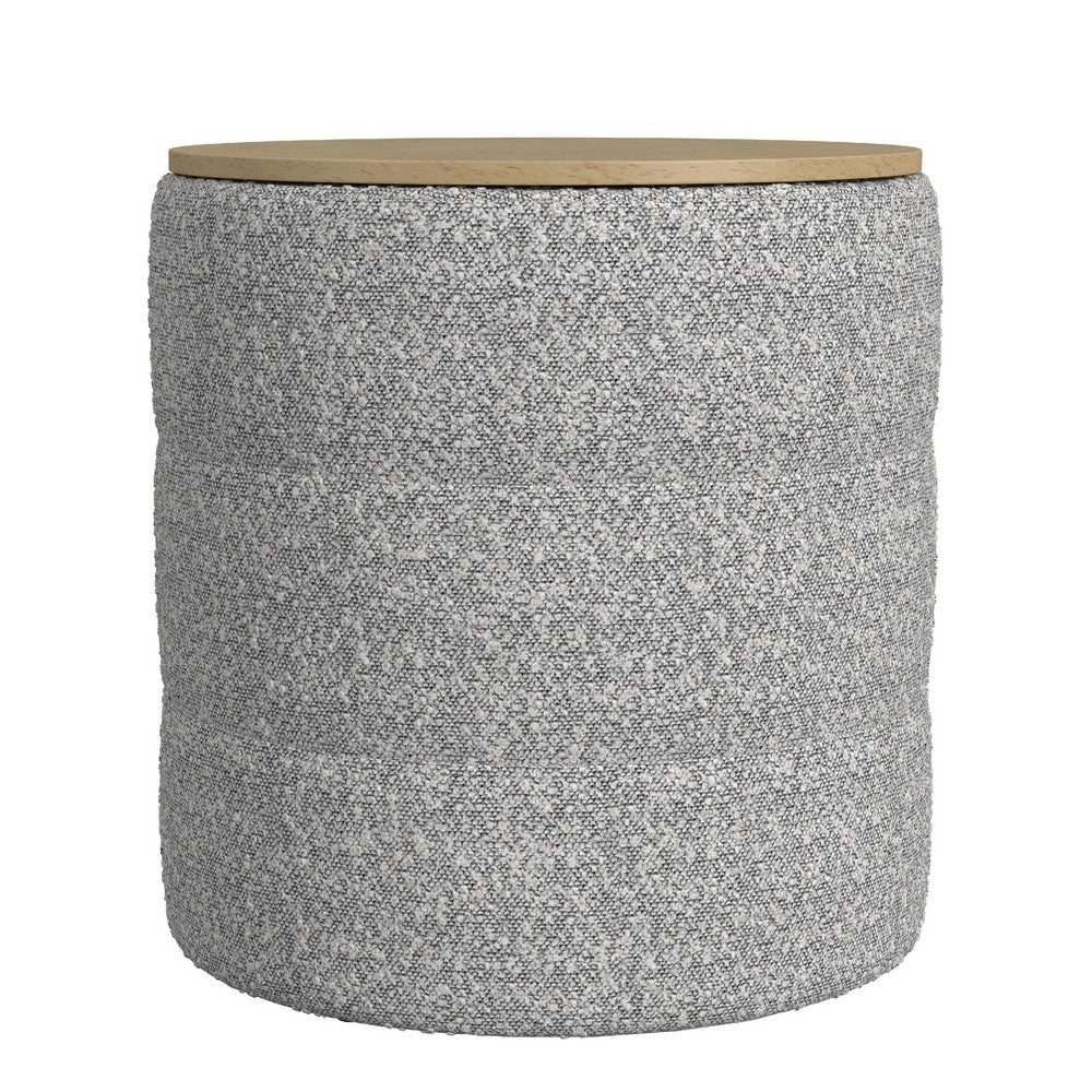 Mona Storage Ottoman, 19 Inch Round Lift Top, Channeled Gray Boucle -BM334045