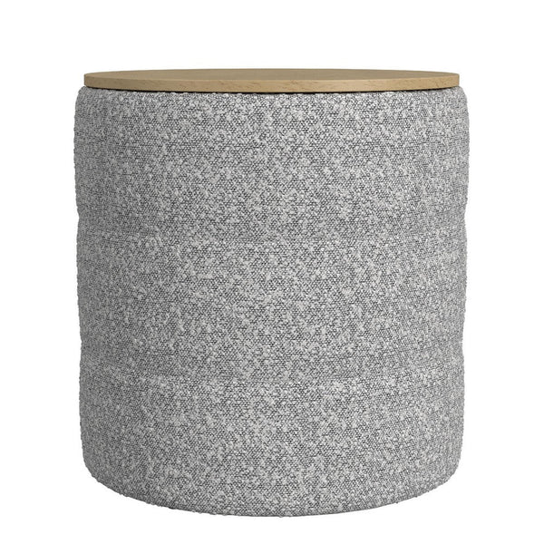 Mona Storage Ottoman, 19 Inch Round Lift Top, Channeled Gray Boucle -BM334045