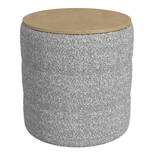 Mona Storage Ottoman, 19 Inch Round Lift Top, Channeled Gray Boucle -BM334045