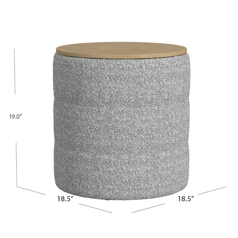 Mona Storage Ottoman, 19 Inch Round Lift Top, Channeled Gray Boucle -BM334045