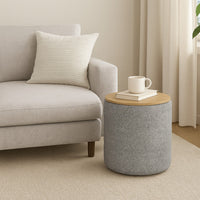 Mona Storage Ottoman, 19 Inch Round Lift Top, Channeled Gray Boucle -BM334045