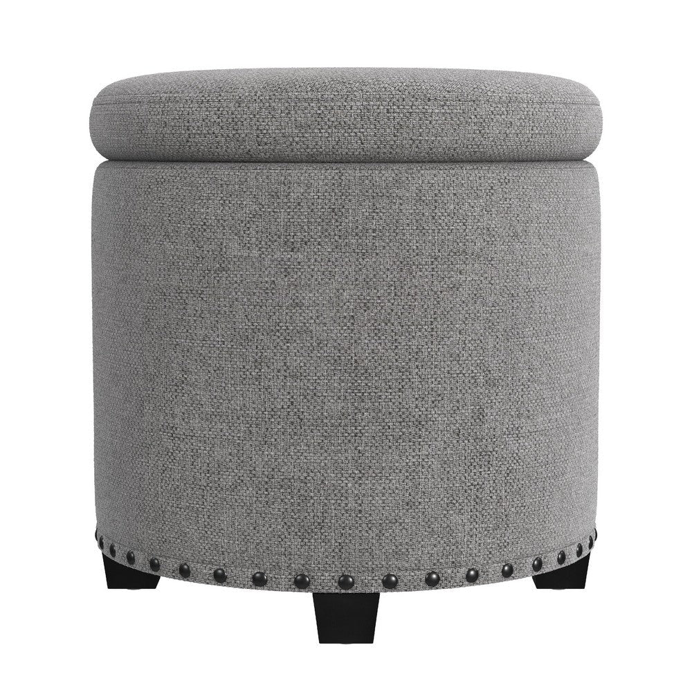 Zoya Storage Ottoman, 19 Inch Round Lift Top, Light Gray Woven Fabric -BM334046