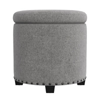 Zoya Storage Ottoman, 19 Inch Round Lift Top, Light Gray Woven Fabric -BM334046