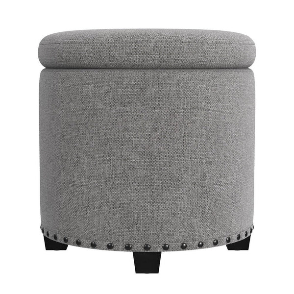 Zoya Storage Ottoman, 19 Inch Round Lift Top, Light Gray Woven Fabric -BM334046