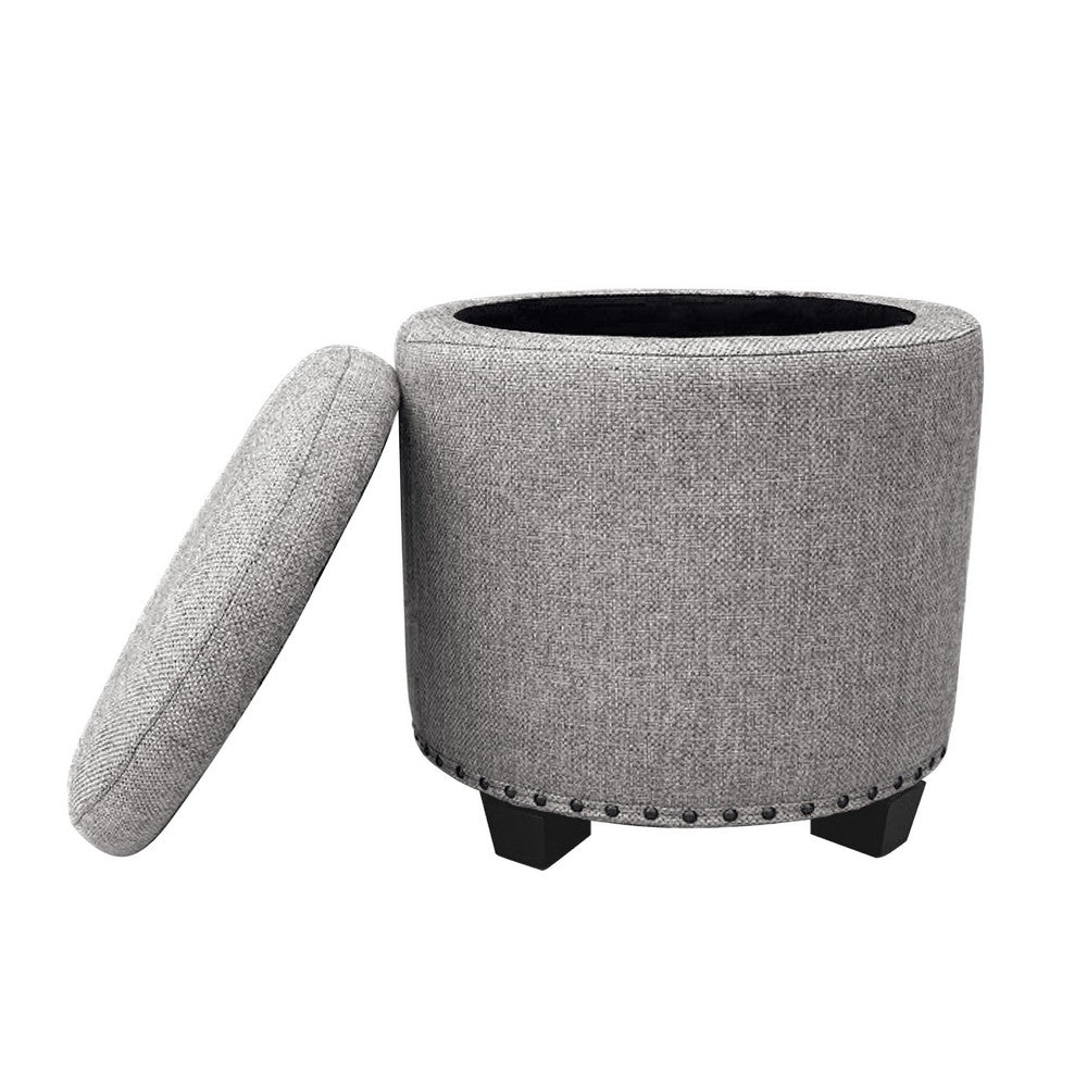 Zoya Storage Ottoman, 19 Inch Round Lift Top, Light Gray Woven Fabric -BM334046