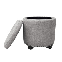 Zoya Storage Ottoman, 19 Inch Round Lift Top, Light Gray Woven Fabric -BM334046