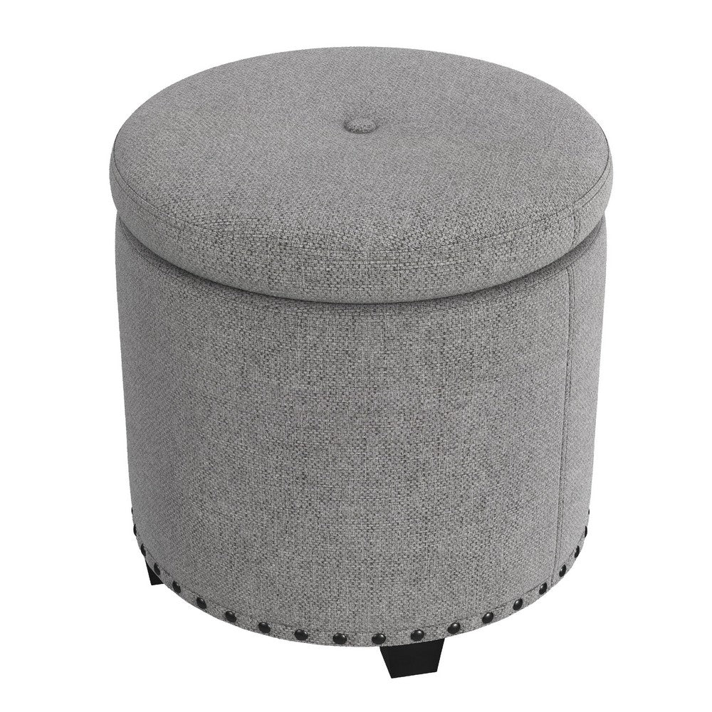 Zoya Storage Ottoman, 19 Inch Round Lift Top, Light Gray Woven Fabric -BM334046