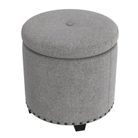 Zoya Storage Ottoman, 19 Inch Round Lift Top, Light Gray Woven Fabric -BM334046