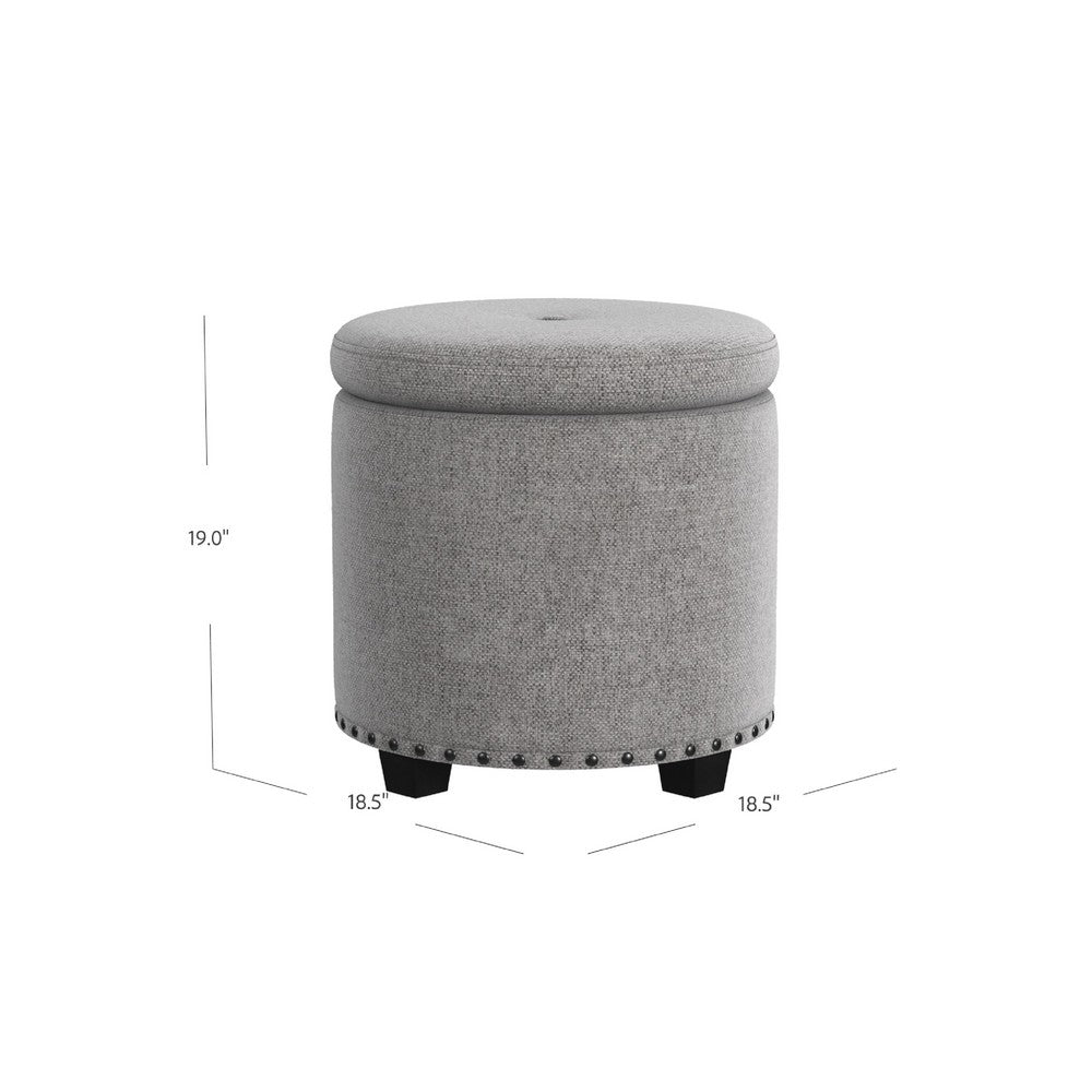 Zoya Storage Ottoman, 19 Inch Round Lift Top, Light Gray Woven Fabric -BM334046