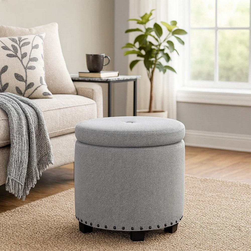 Zoya Storage Ottoman, 19 Inch Round Lift Top, Light Gray Woven Fabric -BM334046