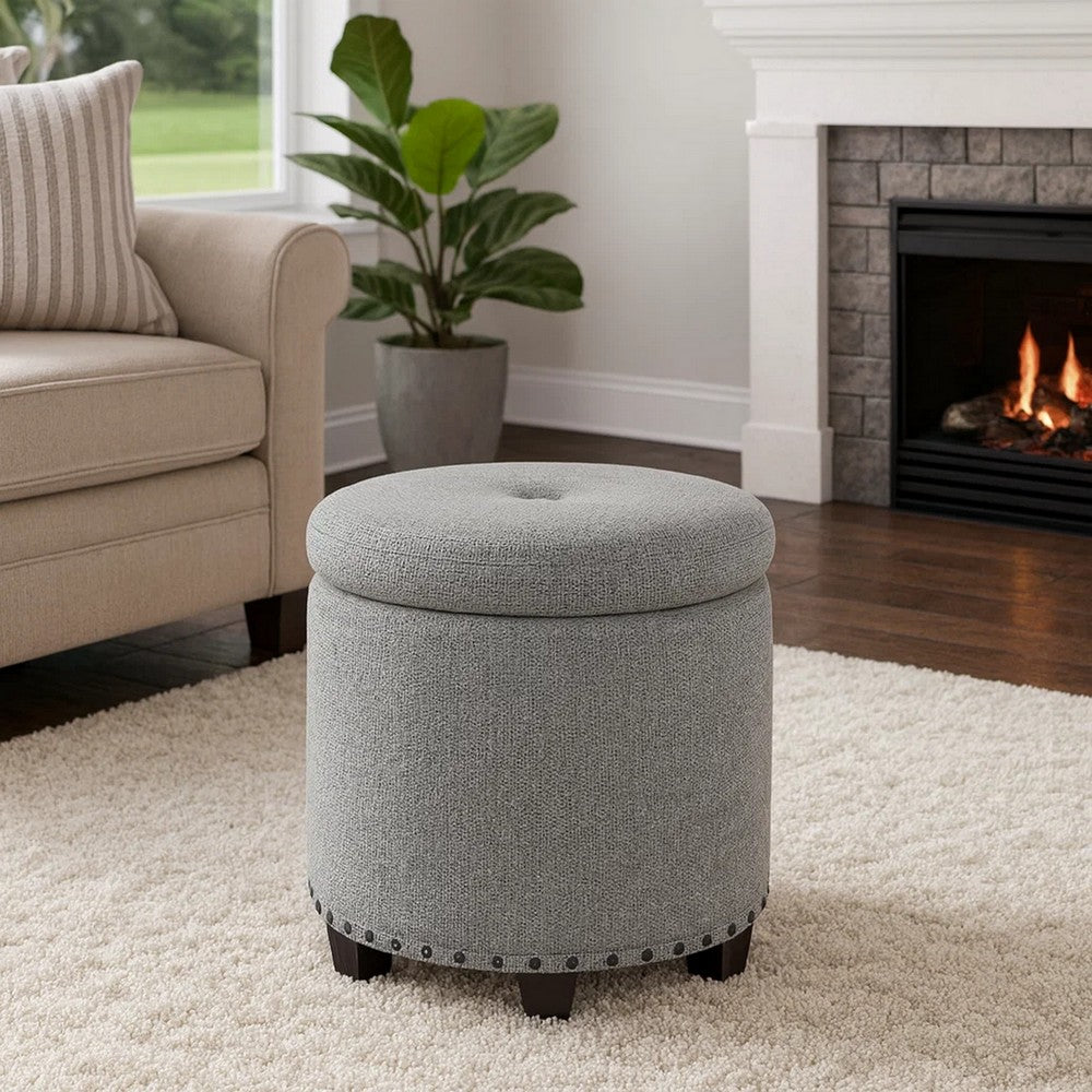 Zoya Storage Ottoman, 19 Inch Round Lift Top, Light Gray Woven Fabric -BM334046