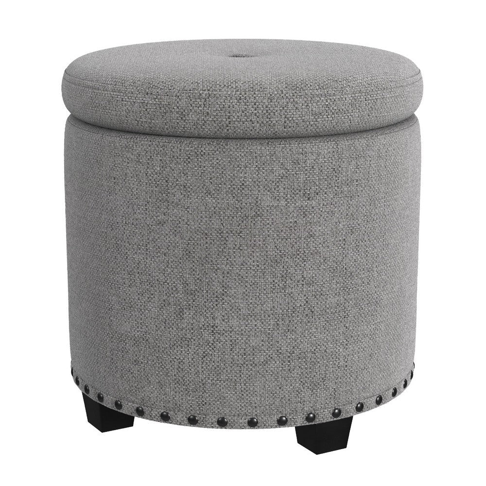 Zoya Storage Ottoman, 19 Inch Round Lift Top, Light Gray Woven Fabric -BM334046