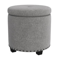 Zoya Storage Ottoman, 19 Inch Round Lift Top, Light Gray Woven Fabric -BM334046