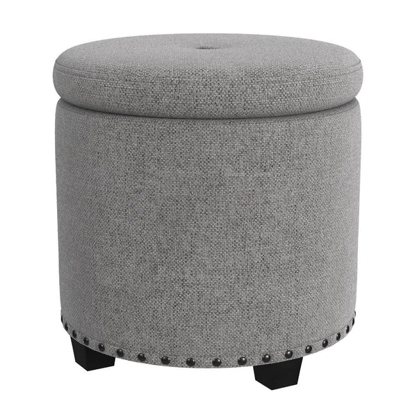 Zoya Storage Ottoman, 19 Inch Round Lift Top, Light Gray Woven Fabric -BM334046