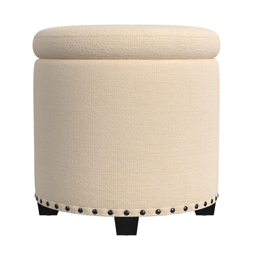 Zoya Storage Ottoman, 19 Inch Round Lift Top, Beige Woven Fabric -BM334047