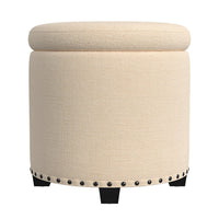 Zoya Storage Ottoman, 19 Inch Round Lift Top, Beige Woven Fabric -BM334047