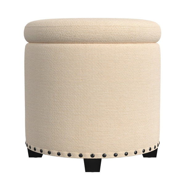 Zoya Storage Ottoman, 19 Inch Round Lift Top, Beige Woven Fabric -BM334047