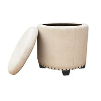 Zoya Storage Ottoman, 19 Inch Round Lift Top, Beige Woven Fabric -BM334047