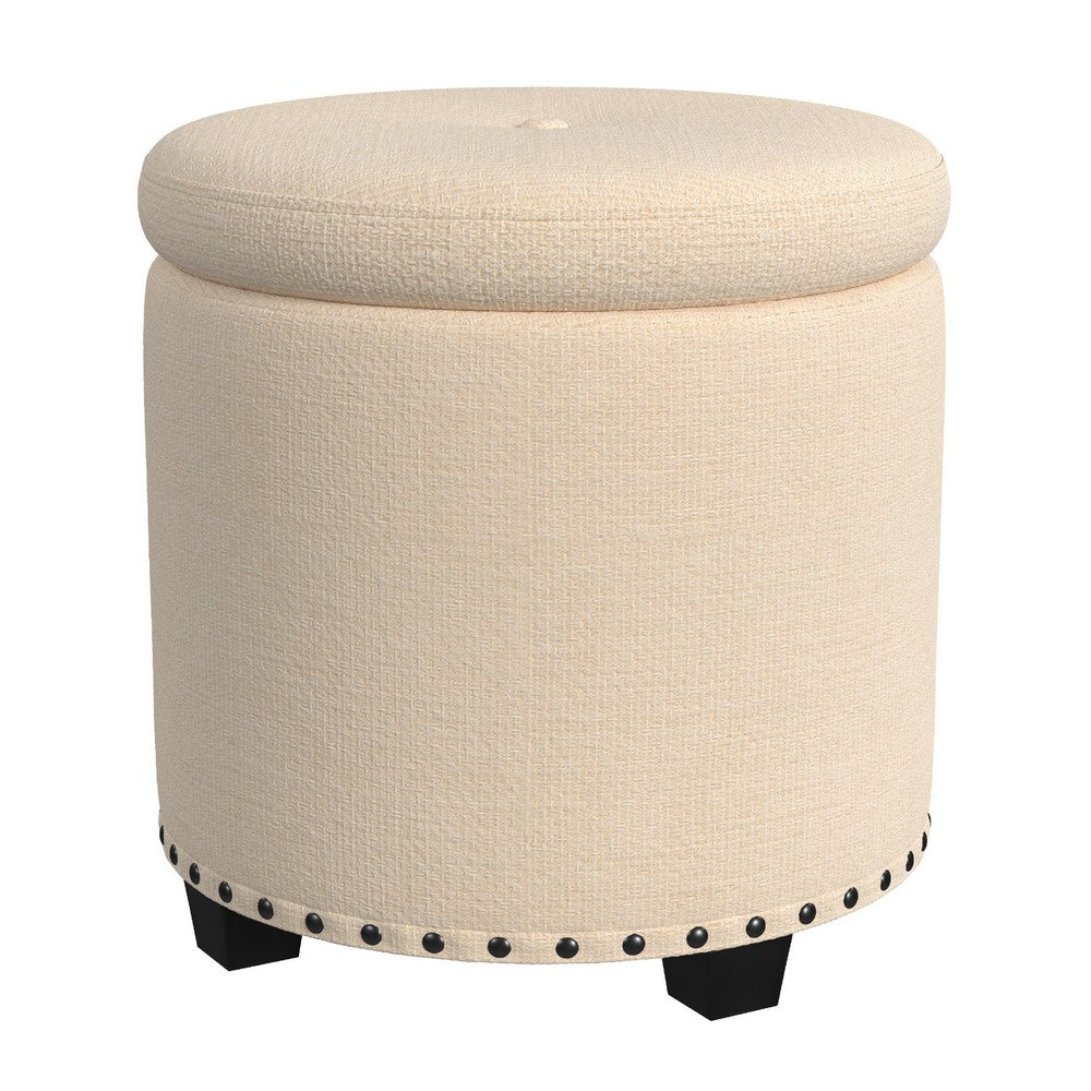 Zoya Storage Ottoman, 19 Inch Round Lift Top, Beige Woven Fabric -BM334047