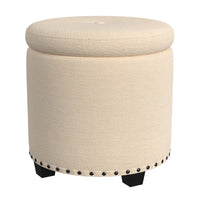 Zoya Storage Ottoman, 19 Inch Round Lift Top, Beige Woven Fabric -BM334047