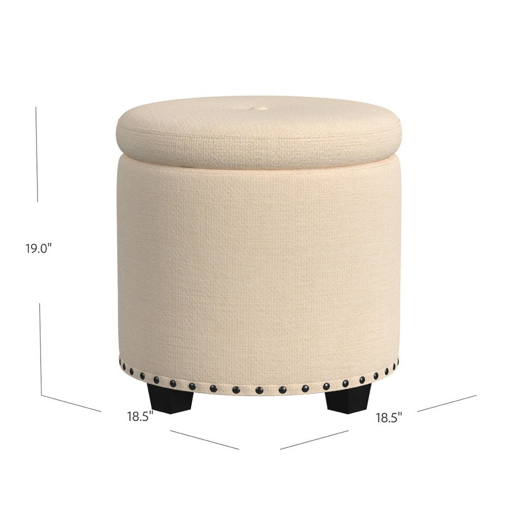 Zoya Storage Ottoman, 19 Inch Round Lift Top, Beige Woven Fabric -BM334047