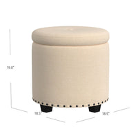 Zoya Storage Ottoman, 19 Inch Round Lift Top, Beige Woven Fabric -BM334047