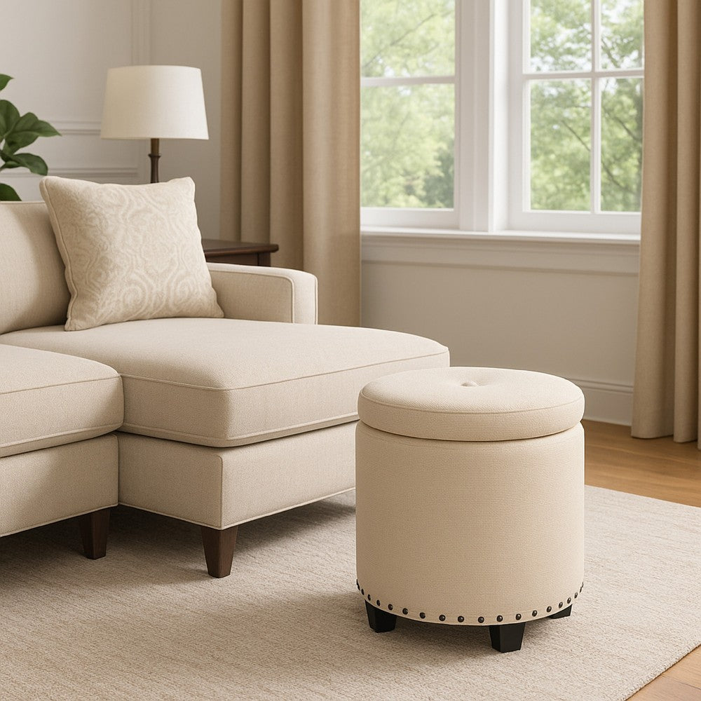 Zoya Storage Ottoman, 19 Inch Round Lift Top, Beige Woven Fabric -BM334047