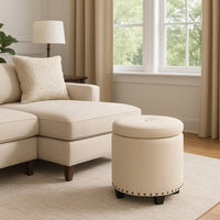 Zoya Storage Ottoman, 19 Inch Round Lift Top, Beige Woven Fabric -BM334047