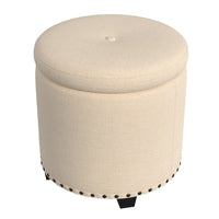 Zoya Storage Ottoman, 19 Inch Round Lift Top, Beige Woven Fabric -BM334047