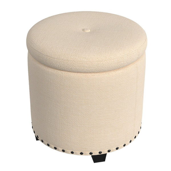 Zoya Storage Ottoman, 19 Inch Round Lift Top, Beige Woven Fabric -BM334047