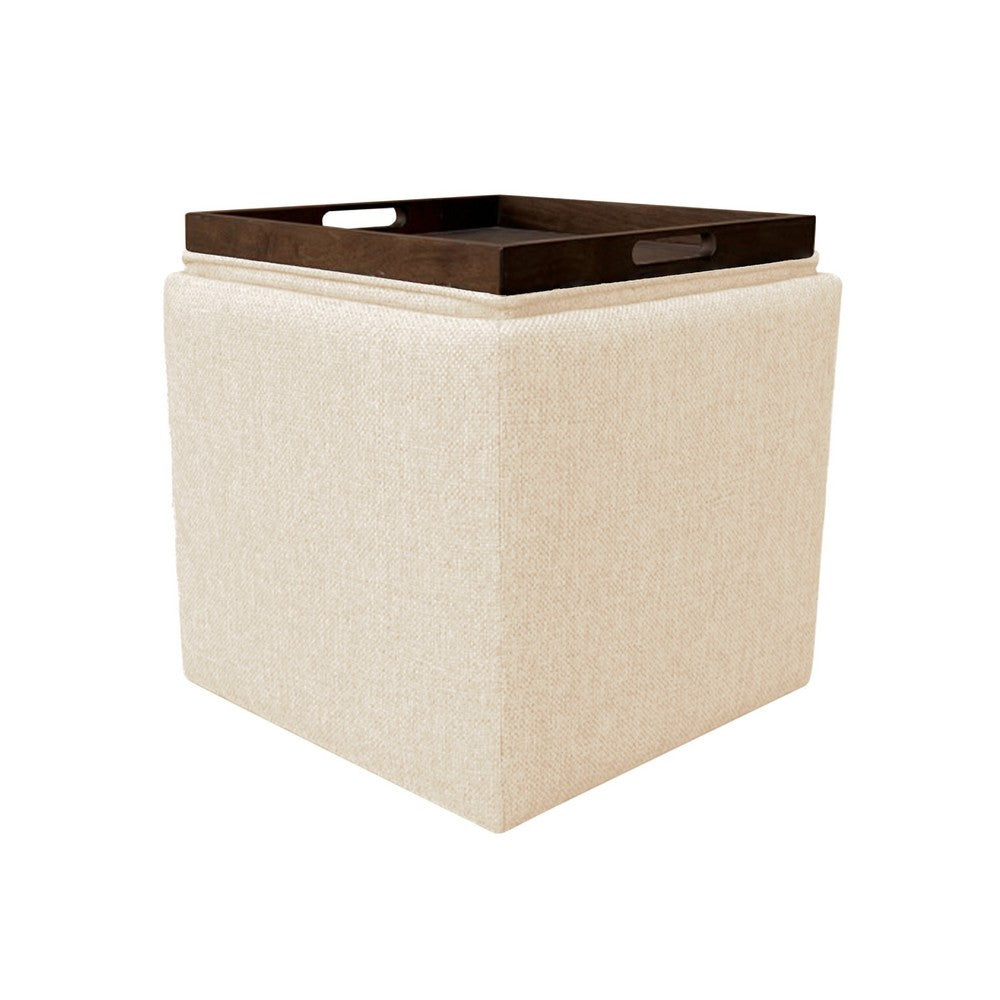 Soa Storage Ottoman, 18 Inch Square Tray Top, Beige Woven Fabric -BM334049