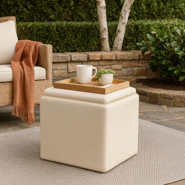 Soa Storage Ottoman, 18 Inch Square Tray Top, Beige Woven Fabric -BM334049