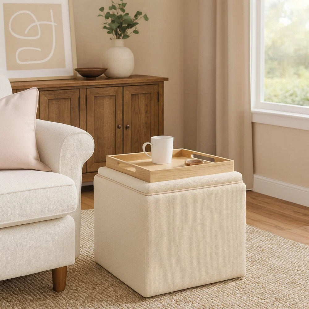Soa Storage Ottoman, 18 Inch Square Tray Top, Beige Woven Fabric -BM334049