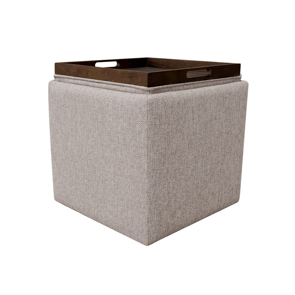Soa Storage Ottoman, 18 Inch Square Tray Top, Light Brown Woven Fabric -BM334050